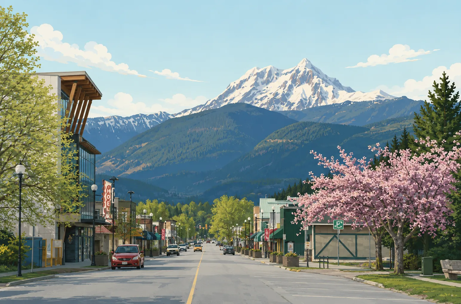 Illustration of downtown Squamish on Cleveland Avenue below a snow-capped Coast Mountain peak
