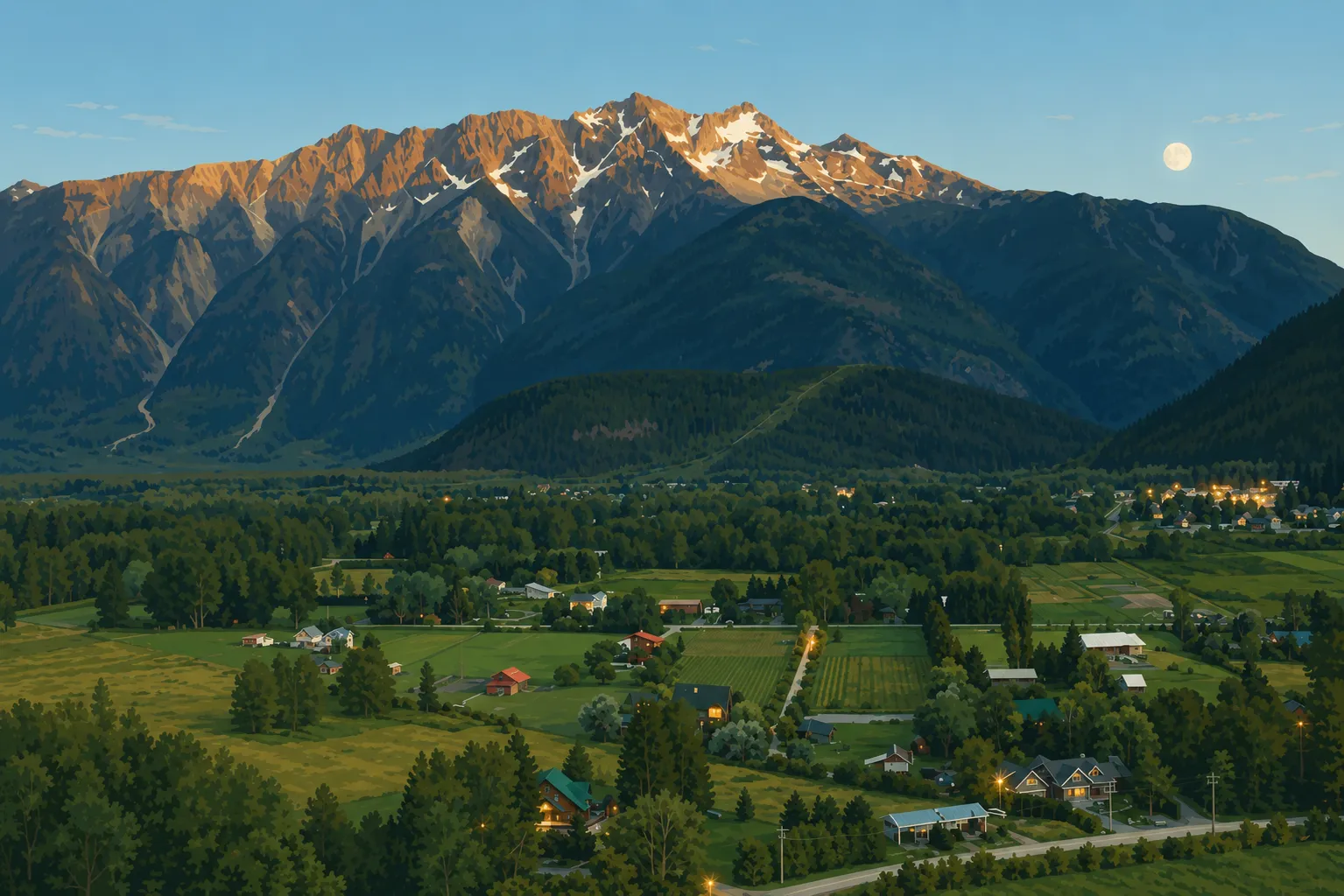 Illustration of the Pemberton valley farmland below Mount Currie