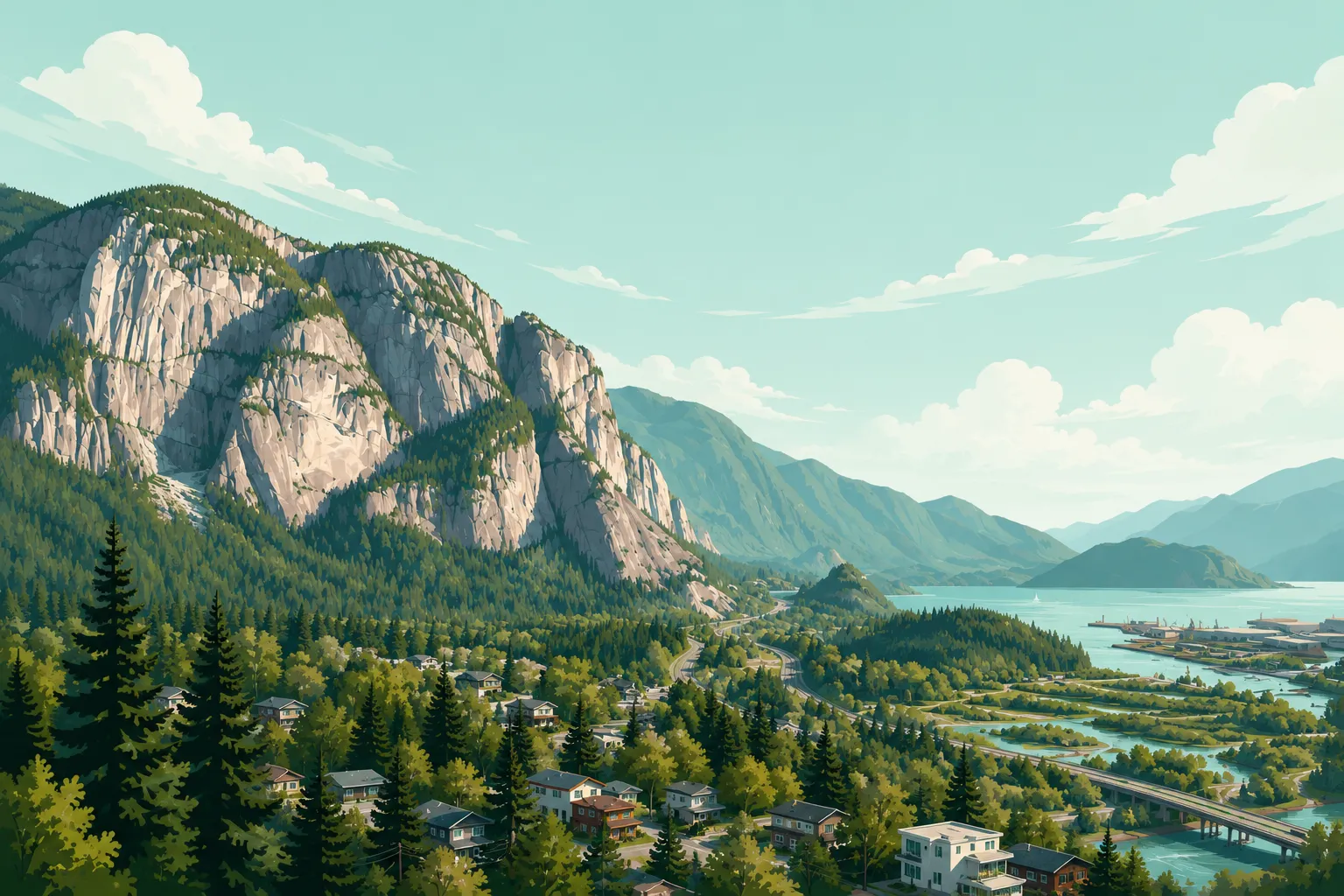 Illustration of Squamish and the Stawamus Chief above the forested Sea to Sky corridor, with the ocean inlet beyond