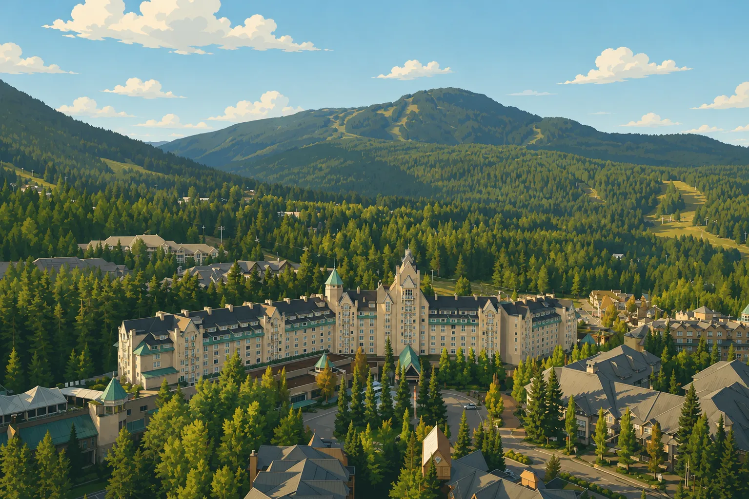 Illustration of Whistler village and the Chateau below the ski runs of Whistler Mountain